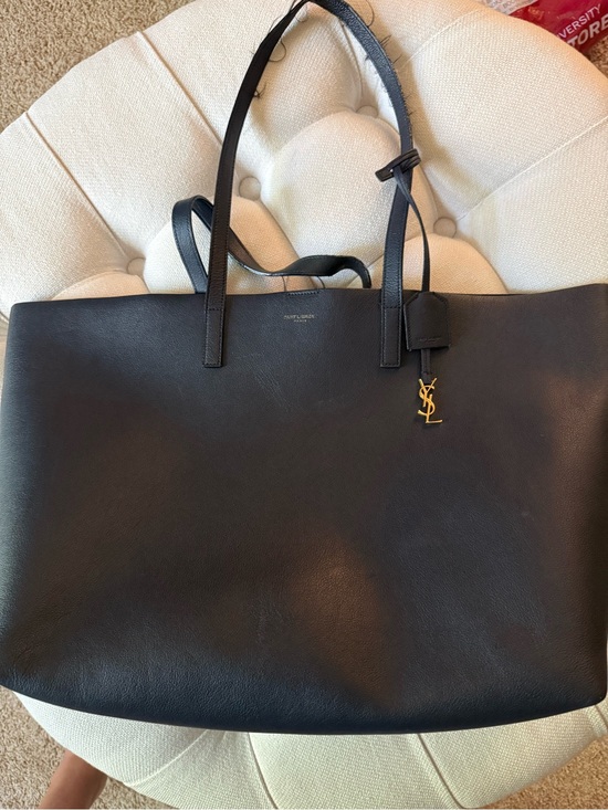 Yves Saint Laurent Handbags - Yves Saint Laurent Navy Leather Shopping Tote with Gold YSL Tag & Inner Clutch
